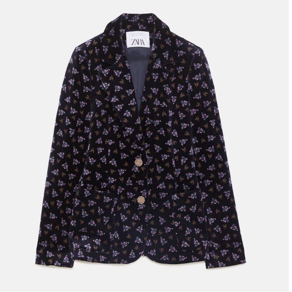 Zara Trinny Black?Velvet Floral Pattern Limited Edition 100%Cotton Blazer NWOT L